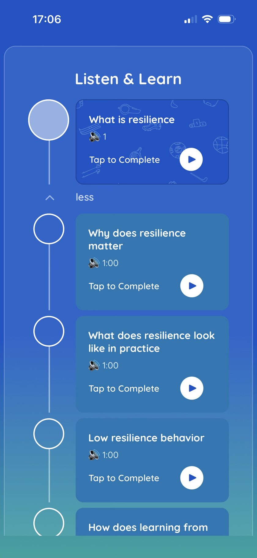 A skill learning track in the HeadCoach app showing short audio lessons on resilience.
