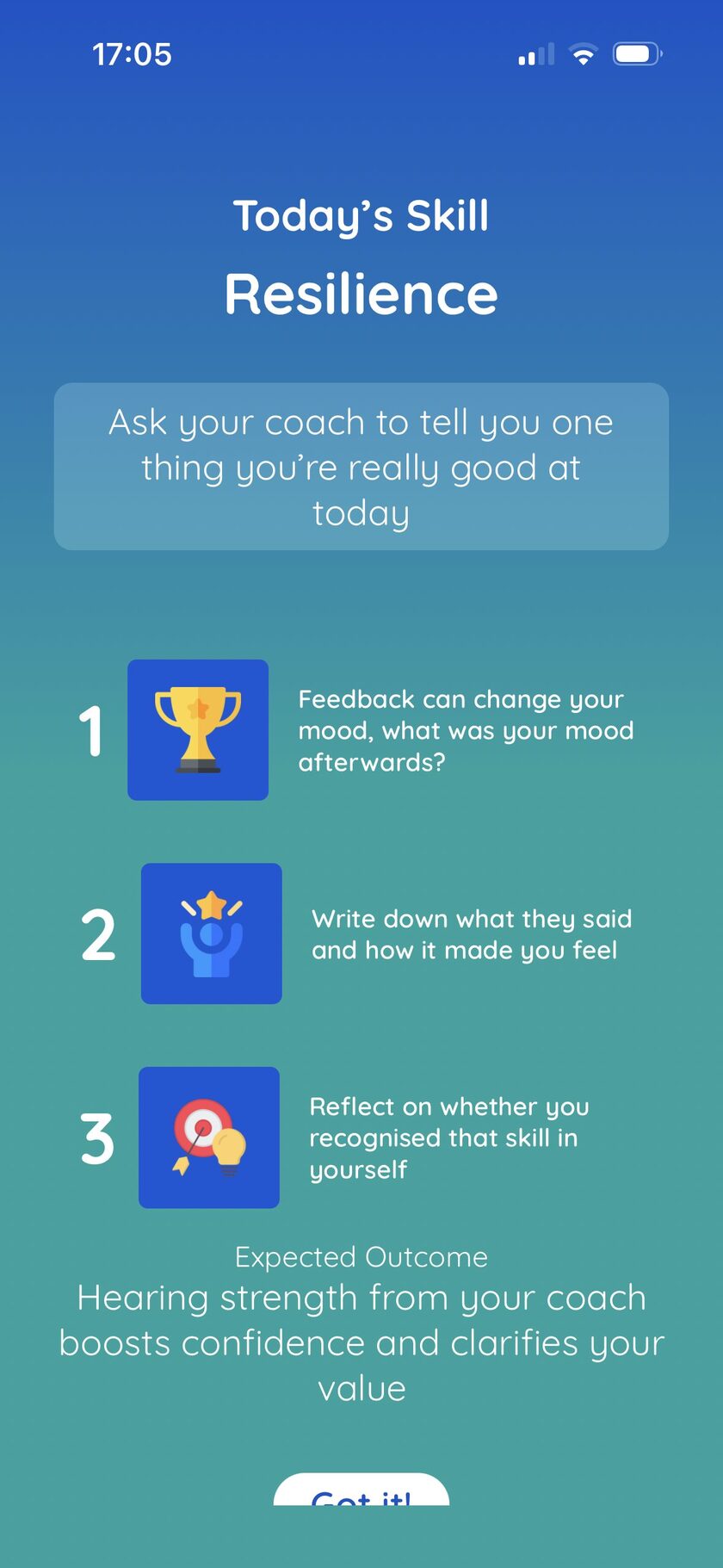 A daily skill card in the HeadCoach app showing a three-step resilience strategy for the day.